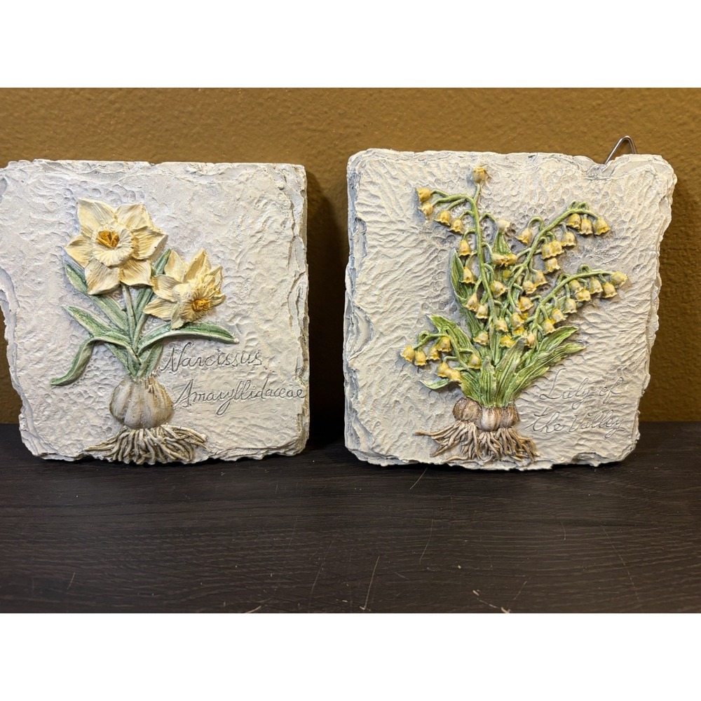 Vintage Cornerstone Creations 3D Floral Wall Plaques Ceramic Set of 2 4.5"x4.5"